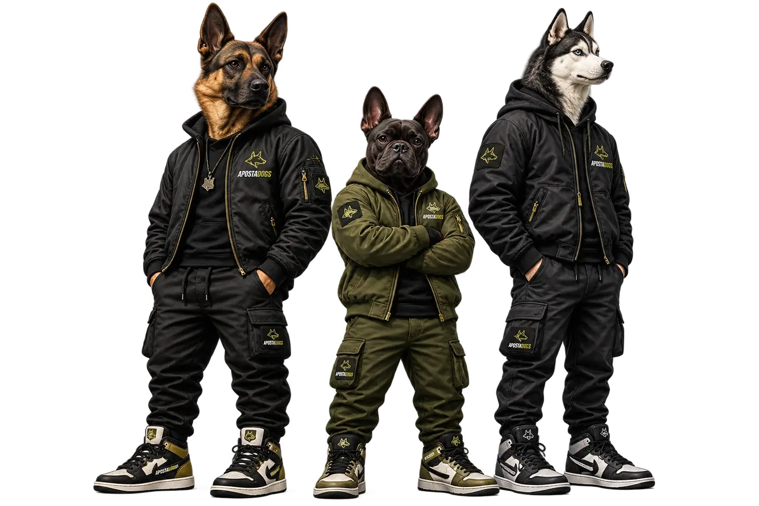 Los tres ApostaDogs: pastor alemán, bulldog francés y husky